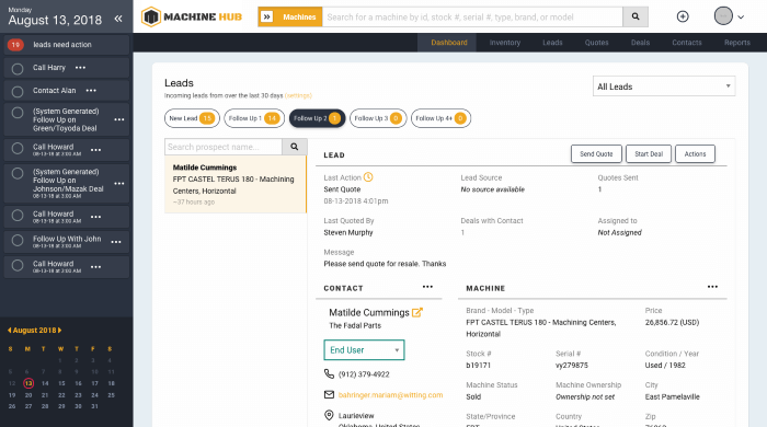 track leads, send quotes to contacts, integrated seamlessly on Machine Hub’s customer relationship management system
