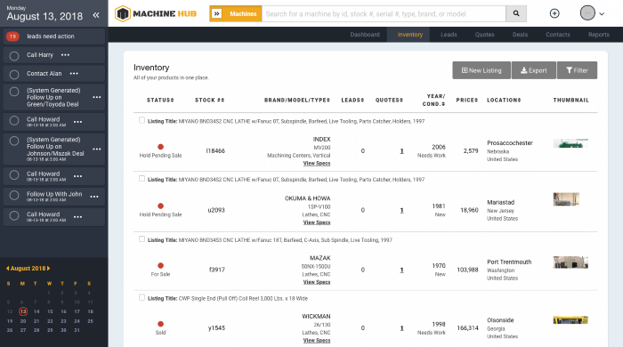 leads, machines, and calendar all organized on Machine Hub Inventory Management System